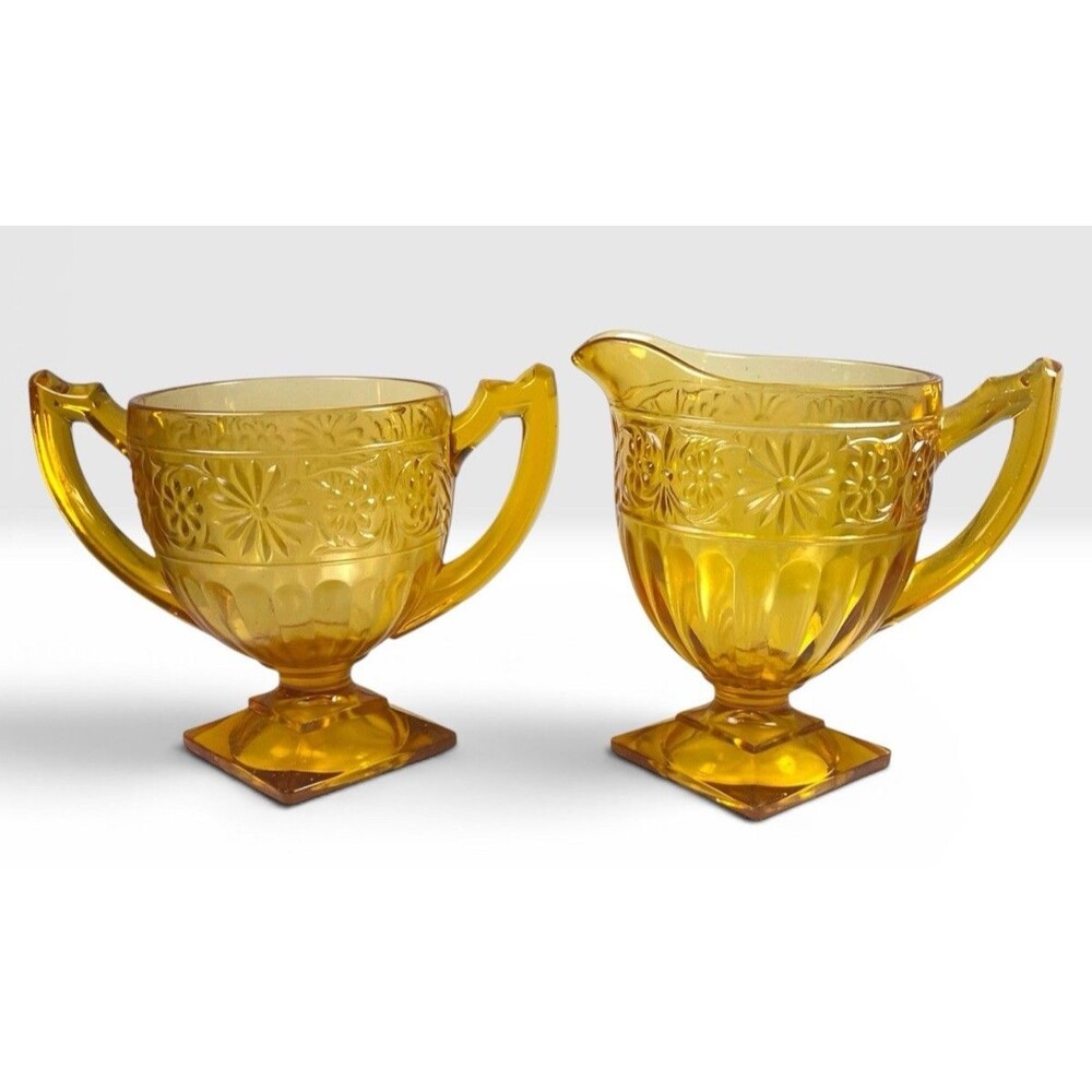 Indiana Glass Daisy Amber Sugar & Creamer Set Footed Vintage MCM Pressed Glass